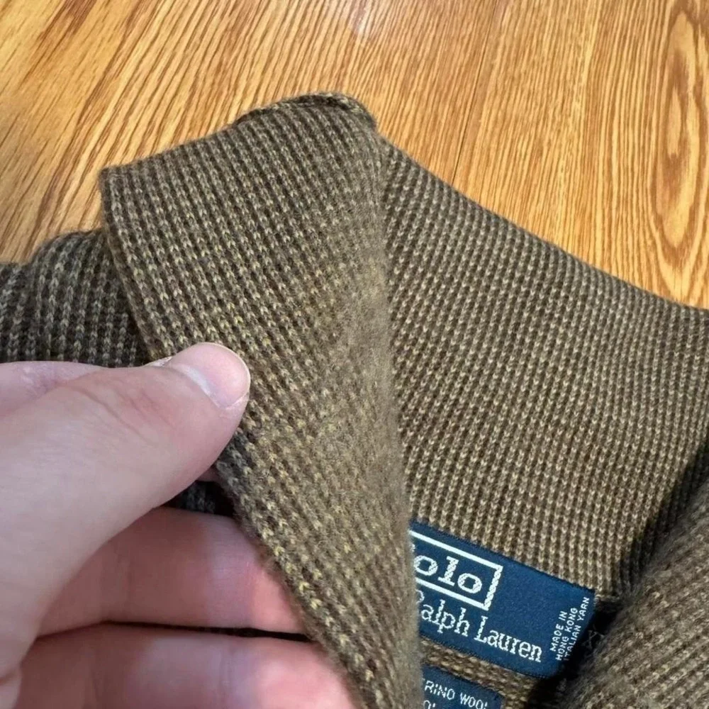 Polo Ralph Lauren Men's Wool Shawl Neck Sweater‎ Brown Herringbone Size XL